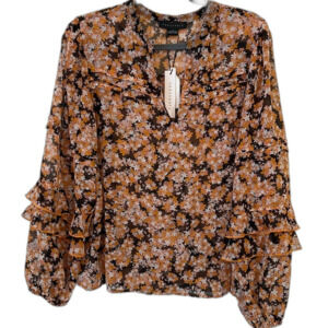 Sanctuary Women’s Long Sleeved Orange/Black Blouse Size L V-Neck New with Tags